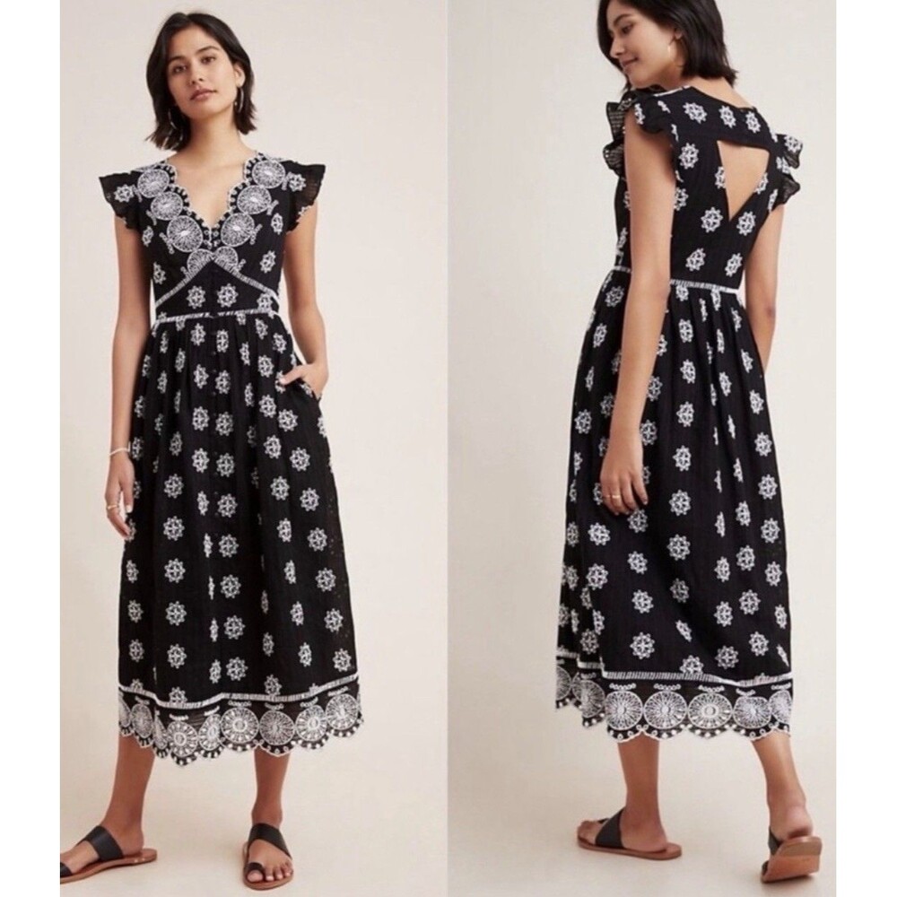 Anthropologie Ranna Gill Tomine Midi Dress Womens MED Black Embroidered Eyelet
